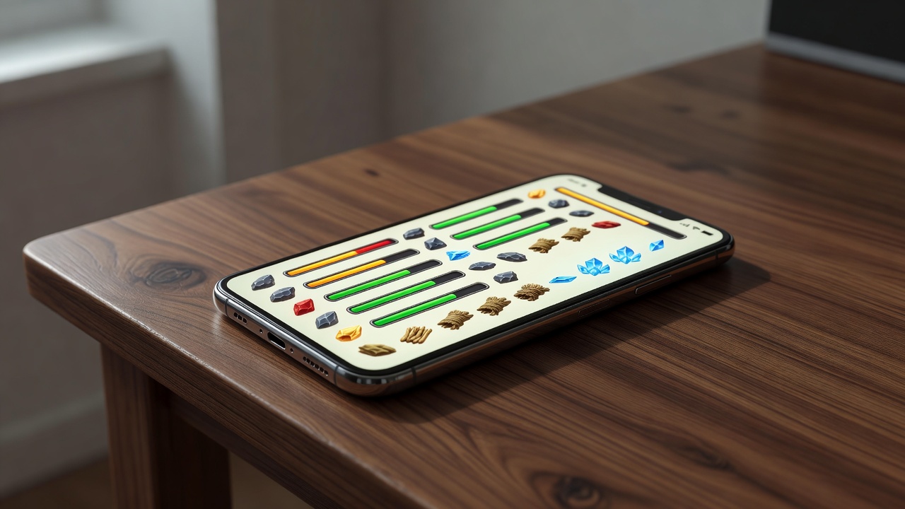 手机屏幕显示游戏资源管理界面，体力条和材料图标清晰可见